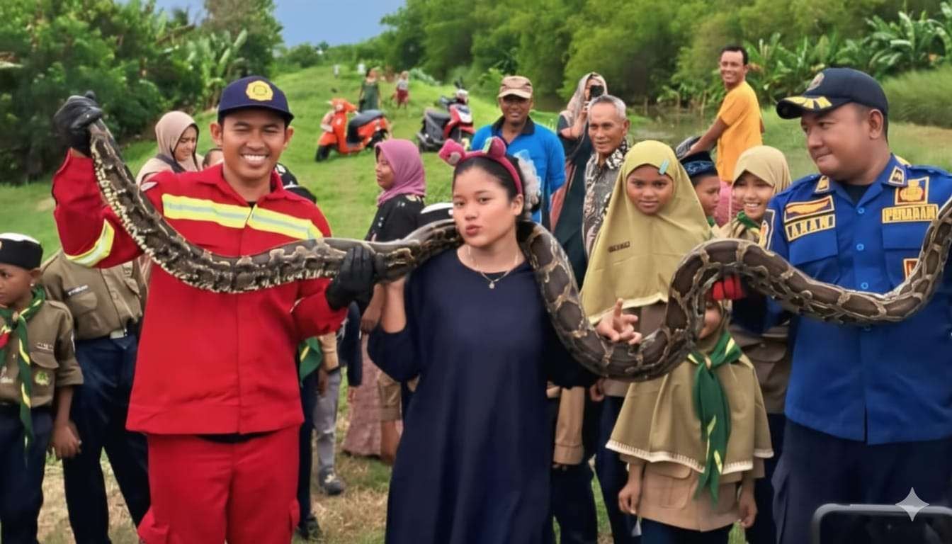Damkar Lamongan Evakuasi Ular Sanca 3,5 Meter di Desa Maduran
